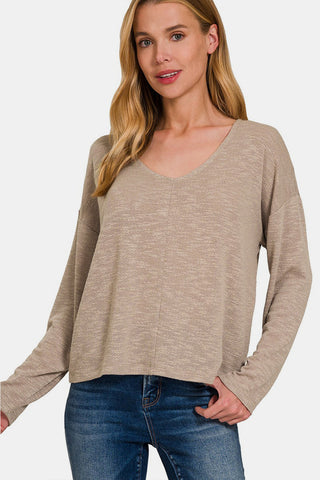 Shop Lt Mocha Zenana Dropped Shoulder Long Sleeve T-Shirt - High-Quality U.S. Made Women’s Fashion with Free & Fast Shipping