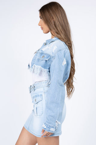 Shop American Bazi Distressed Denim Jacket with Frayed Hem - High-Quality U.S. Made Women’s Fashion with Free & Fast Shipping