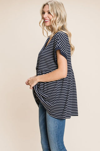 Shop Cotton Bleu by Nu Label Striped Button Front Baby Doll Top - High-Quality U.S. Made Women’s Fashion with Free & Fast Shipping