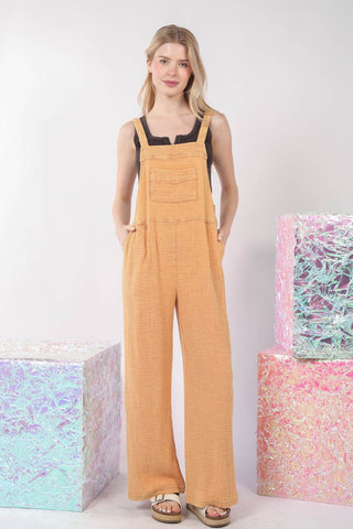 Shop Orange VERY J Texture Washed Wide Leg Overalls - High-Quality U.S. Made Women’s Fashion with Free & Fast Shipping