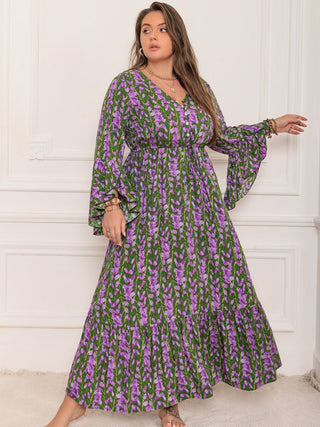 Shop Plus Size Printed V-Neck Long Sleeve Maxi Dress - High-Quality U.S. Made Women’s Fashion with Free Fast Shipping