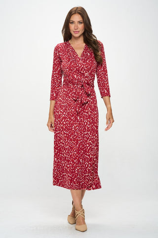 Shop Red RENEE C Printed Tie Front Surplice Midi Dress - High-Quality U.S. Made Women’s Fashion with Free & Fast Shipping