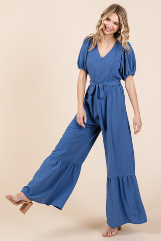 Shop GeeGee Full Size V-Neck Belted Wide Leg Jumpsuit - High-Quality U.S. Made Women’s Fashion with Free & Fast Shipping