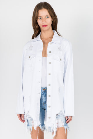 Shop White American Bazi Distressed Frayed Hem Denim Jacket - High-Quality U.S. Made Women’s Fashion with Free & Fast Shipping