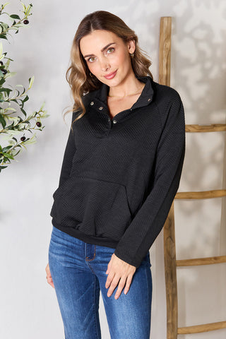 Shop Half Buttoned Collared Neck Sweatshirt with Pocket - High-Quality U.S. Made Women’s Fashion with Free & Fast Shipping