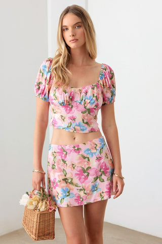 Shop Pink Floral Le Lis Floral Puff Sleeve Crop Top and Mini Skirt Set - High-Quality U.S. Made Women’s Fashion with Free & Fast Shipping