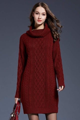 Shop Wine Woven Right Full Size Mixed Knit Cowl Neck Dropped Shoulder Sweater Dress - High-Quality U.S. Made Women’s Fashion with Free & Fast Shipping