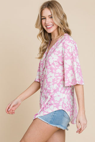 Shop BOMBOM Floral Decorative Button V-Neck Top - High-Quality U.S. Made Women’s Fashion with Free & Fast Shipping