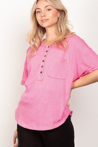 Shop Pink VERY J Twisted Sleeve Band Half Button Top - High-Quality U.S. Made Women’s Fashion with Free & Fast Shipping