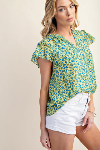 Shop Kori America Floral Notched Ruffled Cap Sleeve Blouse - High-Quality U.S. Made Women’s Fashion with Free & Fast Shipping