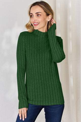 Shop Green Basic Bae Full Size Ribbed Mock Neck Long Sleeve T-Shirt - High-Quality U.S. Made Women’s Fashion with Free & Fast Shipping