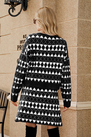 Shop Geometric Button Front Cardigan and Skirt Set - High-Quality U.S. Made Women’s Fashion with Free Fast Shipping