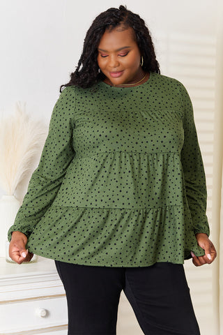 Shop Dark Green Heimish Full Size Long Puff Sleeve Polka Tiered Top - High-Quality U.S. Made Women’s Fashion with Free & Fast Shipping