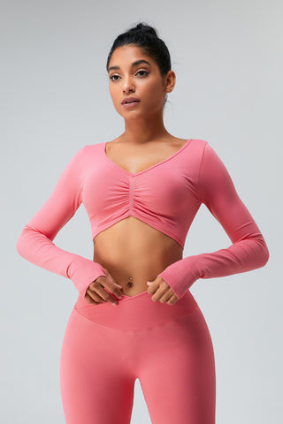 Shop Hot Pink Ruched V-Neck Long Sleeve Active T-Shirt - High-Quality U.S. Made Women’s Fashion with Free & Fast Shipping