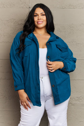 Shop Teal Zenana Cozy in the Cabin Full Size Fleece Elbow Patch Shacket in Teal - High-Quality U.S. Made Women’s Fashion with Free & Fast Shipping