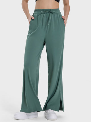 Shop Dark Green Slit Wide Leg Active Pants - High-Quality U.S. Made Women’s Fashion with Free & Fast Shipping