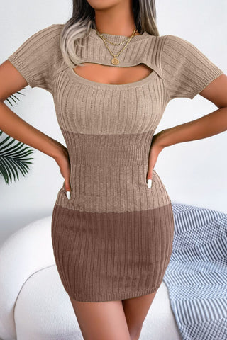 Shop Khaki Color Block Cutout Short Sleeve Sweater Dress - High-Quality U.S. Made Women’s Fashion with Free & Fast Shipping