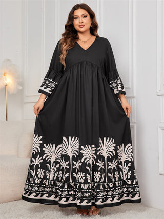 Shop Honey Plus Size Printed V-Neck Long Sleeve Maxi Dress - High-Quality U.S. Made Women’s Fashion with Free Fast Shipping