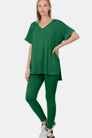 Shop Zenana V-Neck Rolled Short Sleeve T-Shirt and Leggings Lounge Set - High-Quality U.S. Made Women’s Fashion with Free & Fast Shipping