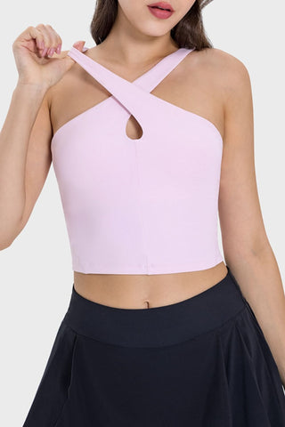 Shop Blush Pink Millennia Crisscross Grecian Neck Active Cami - High-Quality U.S. Made Women’s Fashion with Free & Fast Shipping