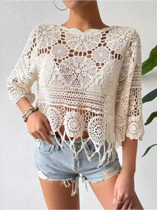 Shop Openwork Round Neck Cover-Up - High-Quality U.S. Made Women’s Fashion with Free Fast Shipping