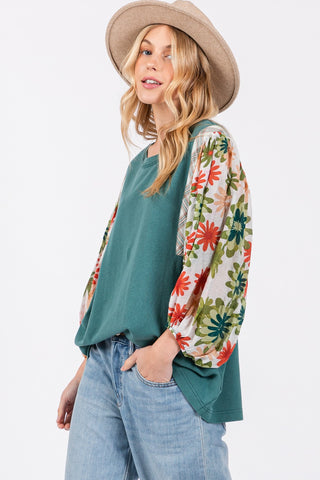 Shop SAGE + FIG Full Size Printed Balloon Sleeve Contrast Top - High-Quality U.S. Made Women’s Fashion with Free & Fast Shipping