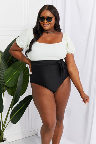 Shop Marina West Swim Salty Air Puff Sleeve One-Piece in Cream/Black - High-Quality U.S. Made Women’s Fashion with Free Fast Shipping