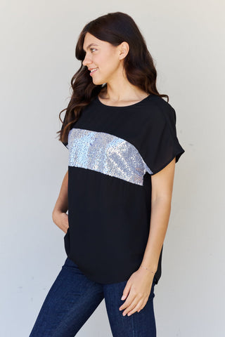 Shop Sew In Love Shine Bright Full Size Center Mesh Sequin Top in Black/Silver - High-Quality U.S. Made Women’s Fashion with Free & Fast Shipping