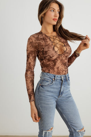 Shop HERA COLLECTION Abstract Mesh Lace-Up Long Sleeve Bodysuit - High-Quality U.S. Made Women’s Fashion with Free & Fast Shipping