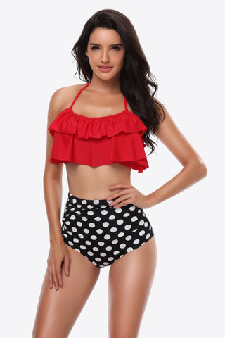 Shop Deep Red Two-Tone Ruffled Halter Neck Two-Piece Swimsuit - High-Quality U.S. Made Women’s Fashion with Free & Fast Shipping