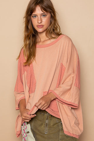 Shop Brick POL Frayed Edge Patchwork Oversized T-Shirt - High-Quality U.S. Made Women’s Fashion with Free & Fast Shipping