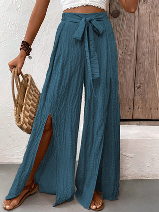 Shop Honey Tied Slit Wide Leg Pants - High-Quality U.S. Made Women’s Fashion with Free Fast Shipping