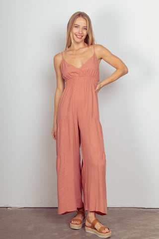 Shop Blush VERY J Sleeveless Ruched Wide Leg Jumpsuit - High-Quality U.S. Made Women’s Fashion with Free & Fast Shipping