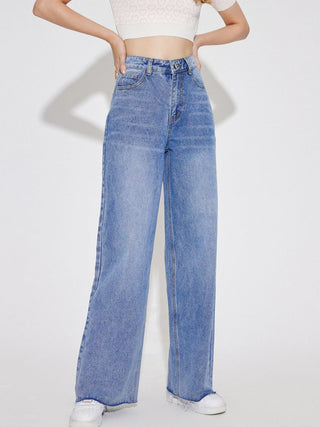 Shop High Waist Straight Leg Jeans with Pockets - High-Quality U.S. Made Women’s Fashion with Free & Fast Shipping