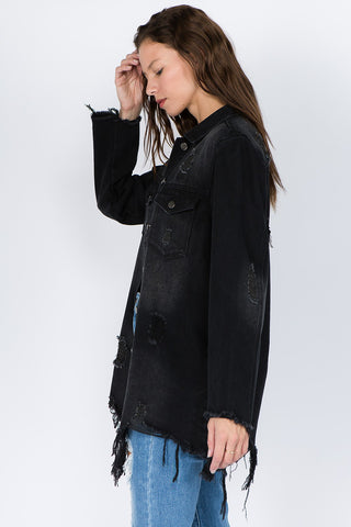 Shop American Bazi Distressed Frayed Hem Denim Jacket - High-Quality U.S. Made Women’s Fashion with Free & Fast Shipping