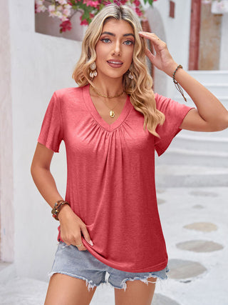 Shop Double Take Ruched V-Neck Short Sleeve T-Shirt - High-Quality U.S. Made Women’s Fashion with Free & Fast Shipping