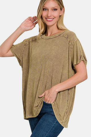 Shop Mocha Zenana Washed Ribbed Short Sleeve Top - High-Quality U.S. Made Women’s Fashion with Free & Fast Shipping