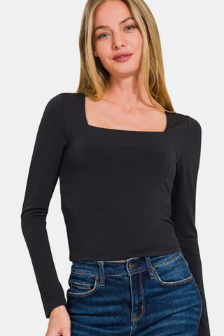 Shop Black Zenana Square Neck Fitted Long Sleeve T-Shirt - High-Quality U.S. Made Women’s Fashion with Free & Fast Shipping