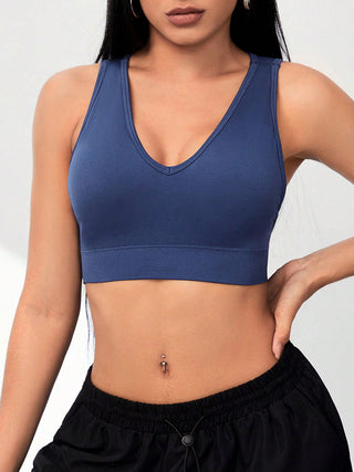 Shop Dark Blue Backless Scoop Neck Active Bra - High-Quality U.S. Made Women’s Fashion with Free & Fast Shipping