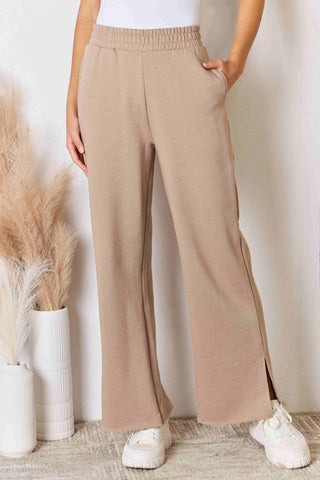 Shop Tan RISEN Wide Waistband Slit Wide Leg Pants - High-Quality U.S. Made Women’s Fashion with Free & Fast Shipping