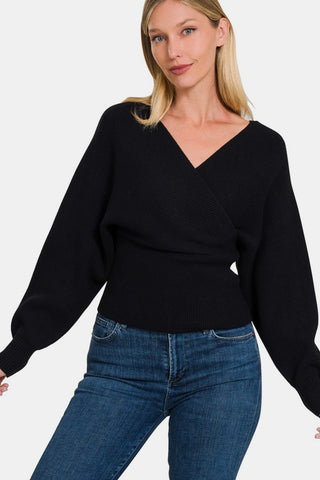 Shop Zenana Cross Wrap Rib Long Sleeve Sweater - High-Quality U.S. Made Women’s Fashion with Free & Fast Shipping