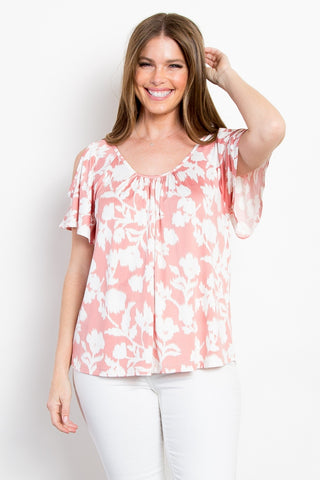 Shop Pink Be Stage Full Size Foral Cold Shoulder Top - High-Quality U.S. Made Women’s Fashion with Free & Fast Shipping