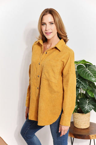 Shop HEYSON Full Size Oversized Corduroy Button-Down Tunic Shirt with Bust Pocket - High-Quality U.S. Made Women’s Fashion with Free & Fast Shipping