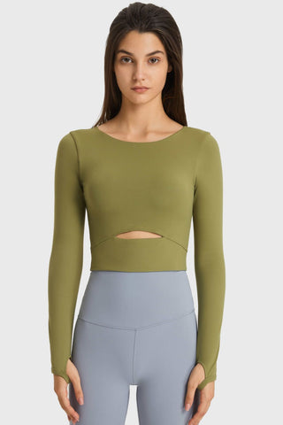 Shop Green Millennia Cutout Long Sleeve Cropped Sports Top - High-Quality U.S. Made Women’s Fashion with Free & Fast Shipping