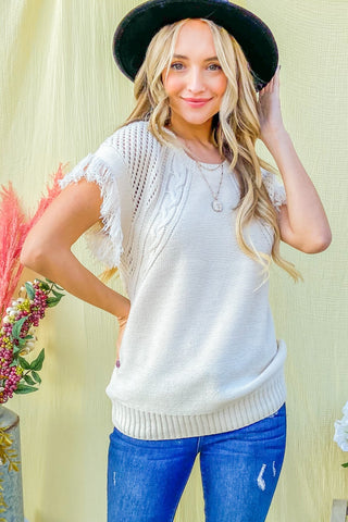 Shop Ivory And The Why Openwork Shoulder Fringe Detailed Sweater - High-Quality U.S. Made Women’s Fashion with Free & Fast Shipping