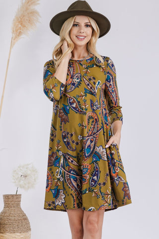 Shop Celeste Full Size Paisley Print Round Neck Dress with Pockets - High-Quality U.S. Made Women’s Fashion with Free & Fast Shipping