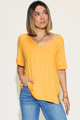 Shop Gold Basic Bae Full Size Bamboo Slit V-Neck Short Sleeve T-Shirt - High-Quality U.S. Made Women’s Fashion with Free & Fast Shipping