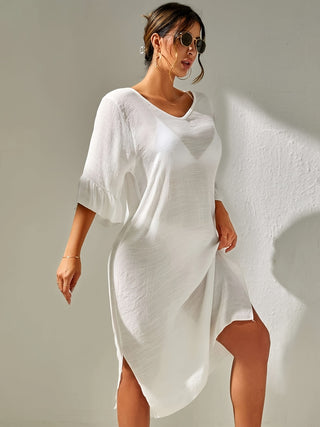 Shop Slit V-Neck Flounce Sleeve Cover-Up - High-Quality U.S. Made Women’s Fashion with Free & Fast Shipping