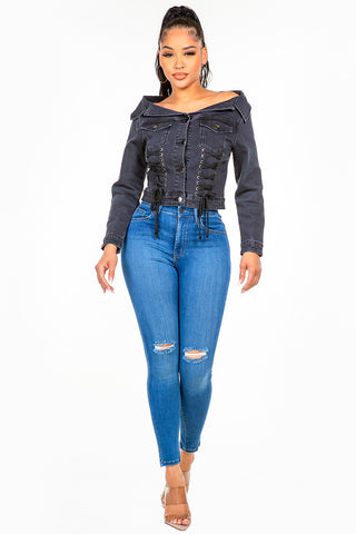 Shop American Bazi Off Shoulder Lace Up Denim Jacket - High-Quality U.S. Made Women’s Fashion with Free & Fast Shipping