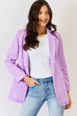 Shop B Lavender Zenana Open Front Long Sleeve Blazer - High-Quality U.S. Made Women’s Fashion with Free & Fast Shipping